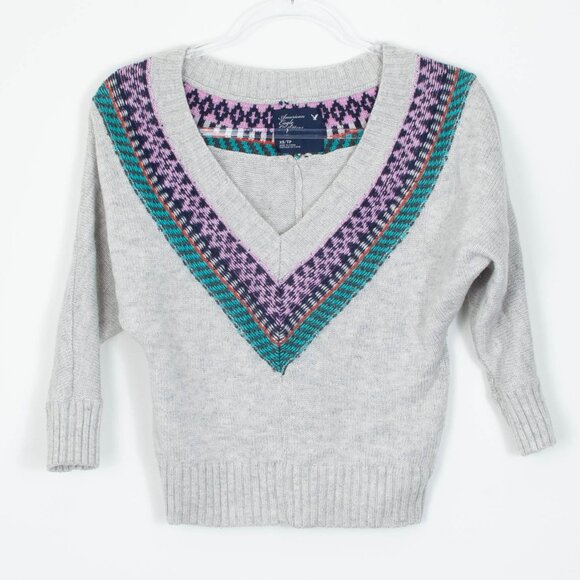 American Eagle Womens Gray Fair Isle V-Neck Dolman Wool Blend Sweater Size XS - Picture 1 of 7